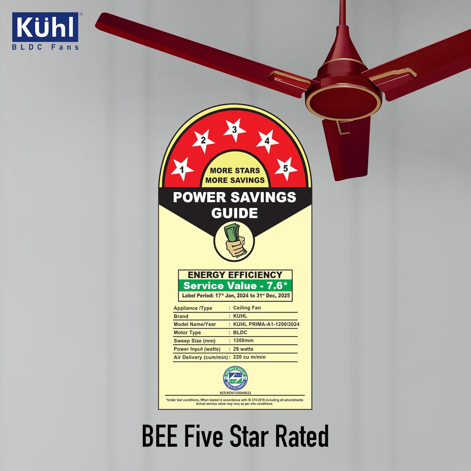 KUHL Prima A1 1200MM Decorative Power Saving BLDC Ceiling Fan With Remote | 29W | Saves Upto 65% Electricity | 5 stars | High Air Flow | Stylish Design | Brown