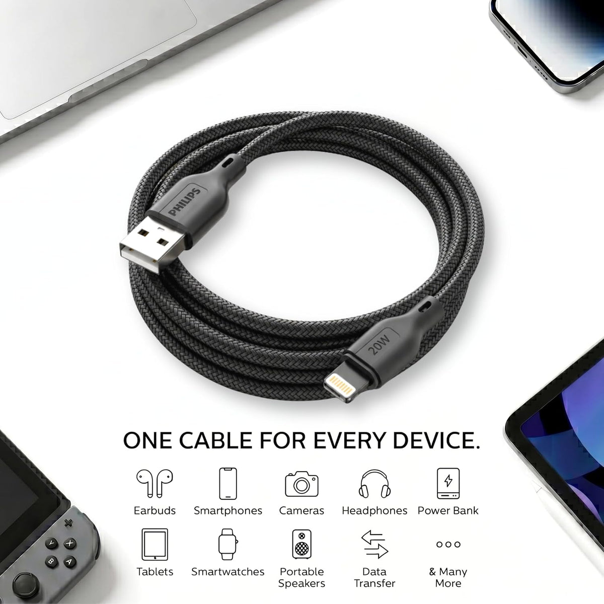Philips DLC4150VB/94 20W iPhone Original Type-A to Lightning Fast Charging Cable (1.5m, Dark Slate)