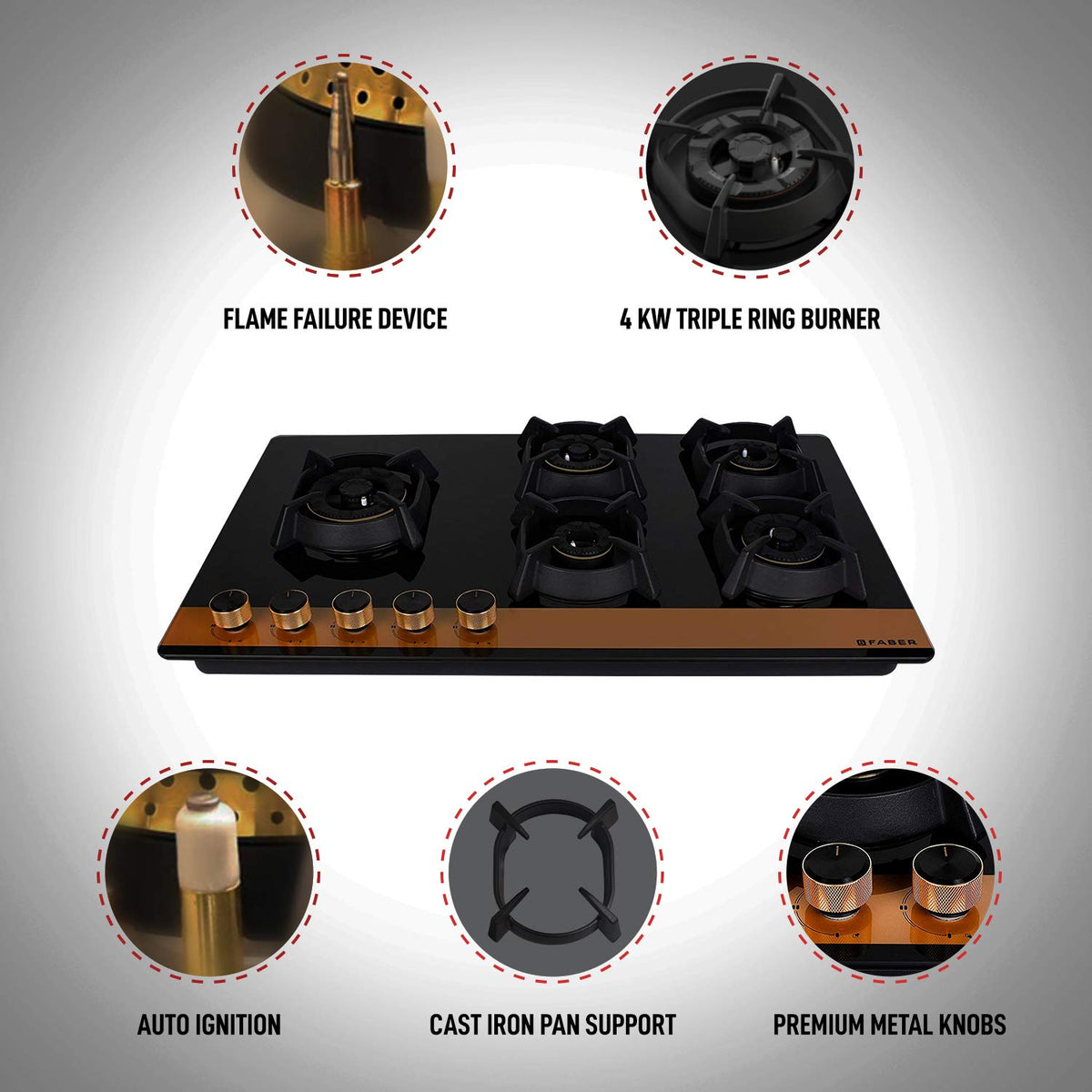 Faber Hobtop Utopia HT905 CRS BR CI AI 5 Brass Burner Auto Electric Ignition Glass Top, Black