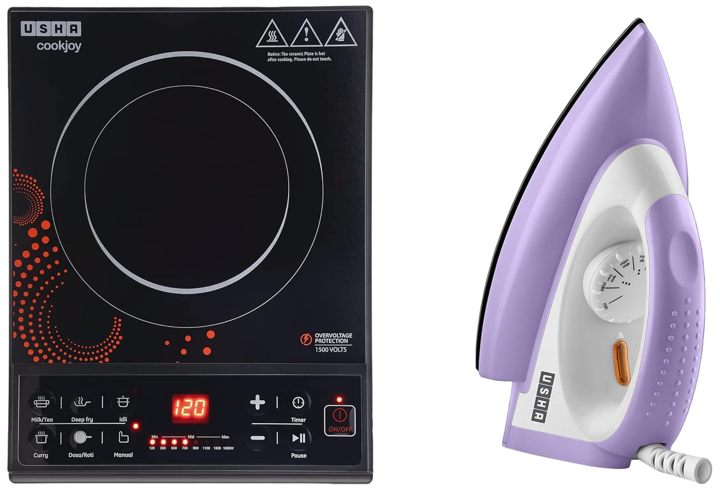 USHA Cook Joy (3616) 1600-Watt Copper Sealed Induction Cooktop (Black) & Armor AR1100WB 1100 W Dry Iron with Black Weilburger Soleplate (Purple)