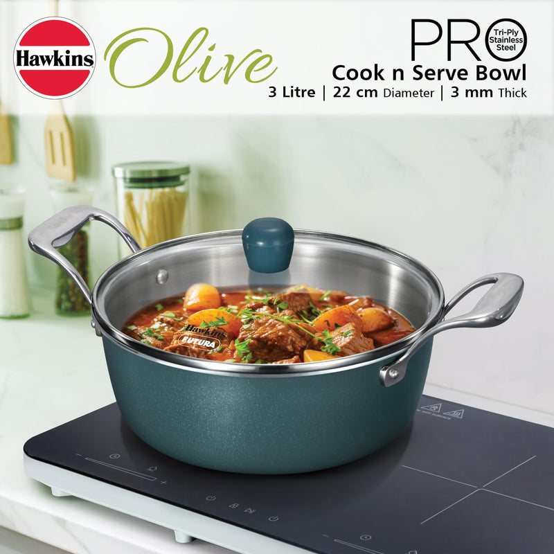 Hawkins Olive Pro 3 Litre Cook n Serve Bowl, Triply Stainless Steel Pan with Stainless Steel Handles and Glass Lid, Green (POSC30G)