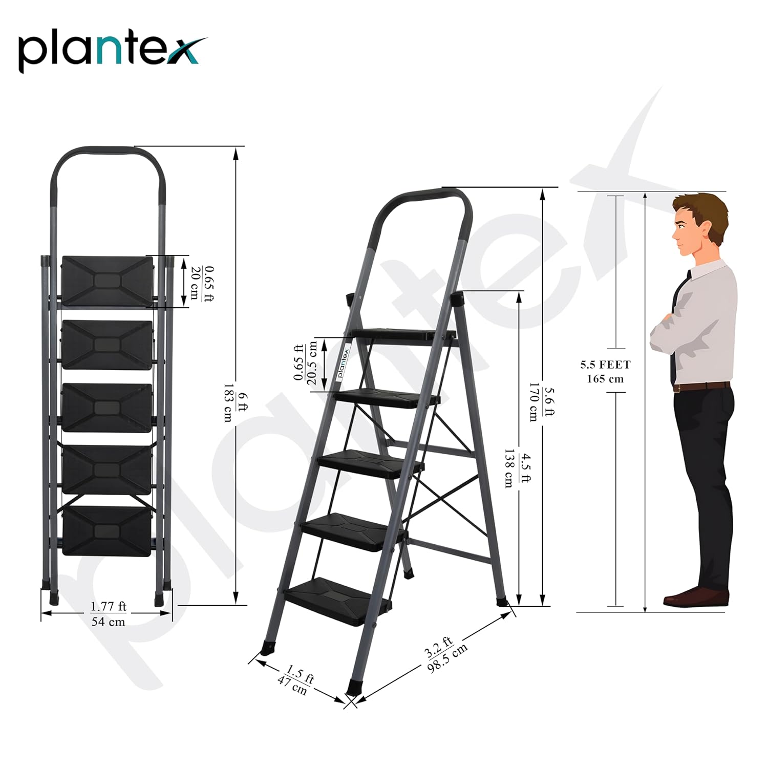 Plantex GI Steel 5-Steps Ladder for Home/Easy to fold/Anti-Skid Wide Steps Ladder - (Aura, Black & Grey)