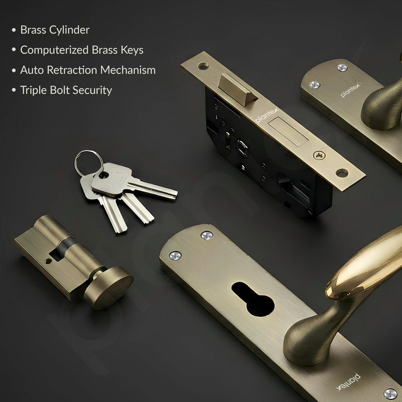Plantex Heavy-Duty Door Lock/Door Handle Lock Set 6-Lever Lock Mechanism/Mortise Lock with 3 Keys, Brass Lockbody & Cylinder (8134 - Brass Antique & PVD Gold)-4