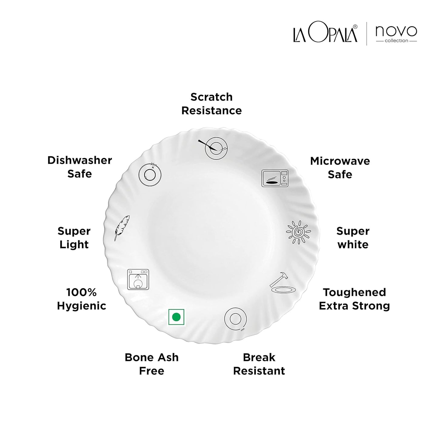 La Opala Novo Collection Opal Glass Crockery | Quarter Plate Set of 6 | Vivid Greens Design | Plates for Snacking & Gifting | Microwave Safe | 100% Vegetarian | Extra Strong | Super Light & White