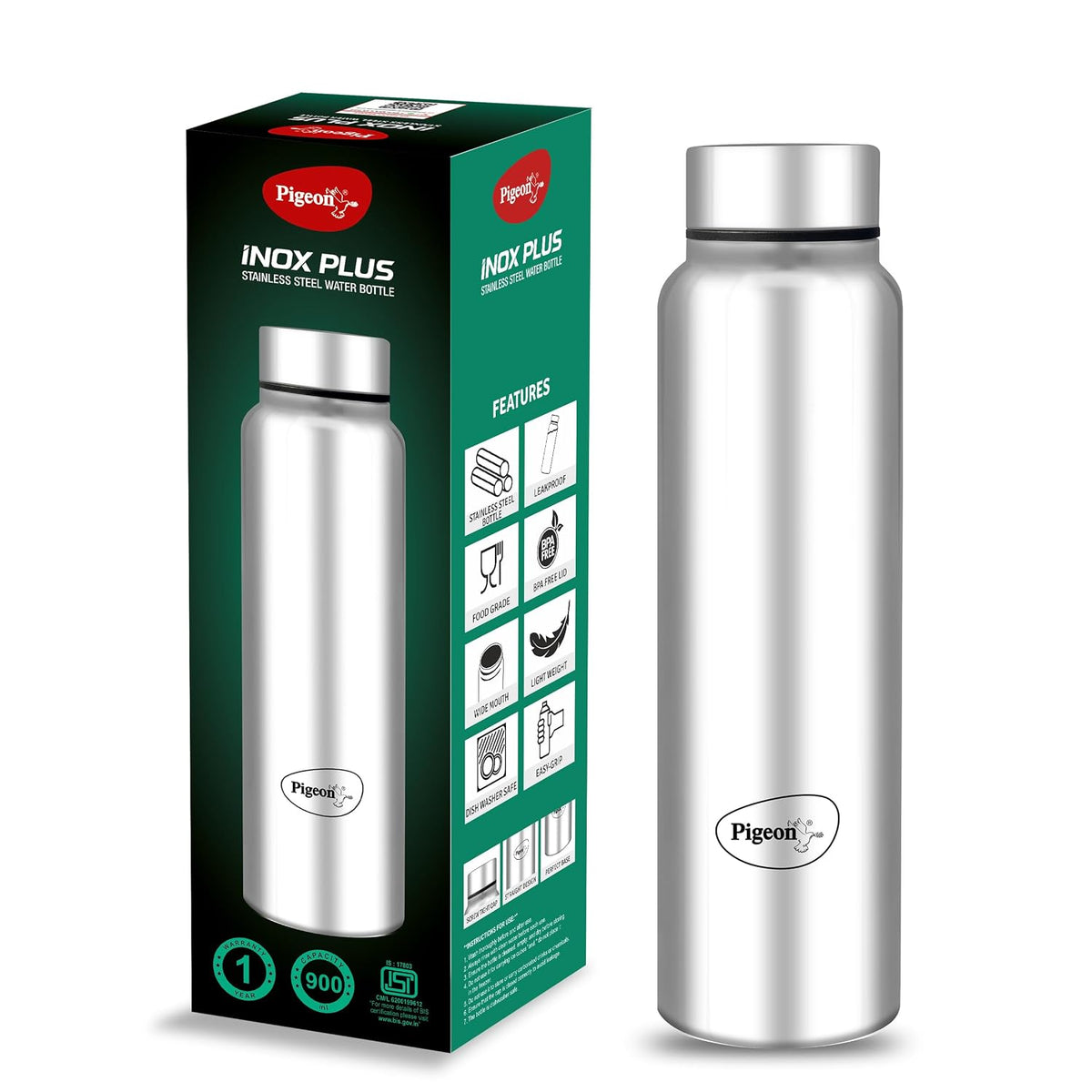 Pigeon by Stovekraft Inox Hydra Plus Stainless Steel Drinking Water Bottle 900 ml - Silver (1 year Warranty)