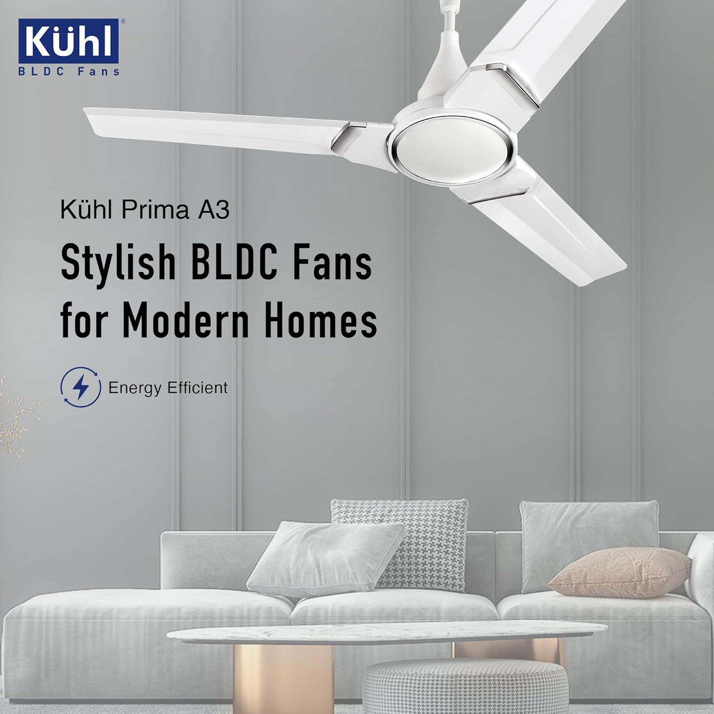 KUHL Prima A3 1200mm BLDC Ceiling Fan with Remote | 5-Star Rated | High Airflow | Saves up to 65% Electricity | 5-Year Brand Warranty | White