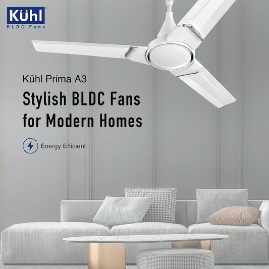 KUHL Prima A3 1200mm BLDC Ceiling Fan with Remote | 5-Star Rated | High Airflow | Saves up to 65% Electricity | 5-Year Brand Warranty | White