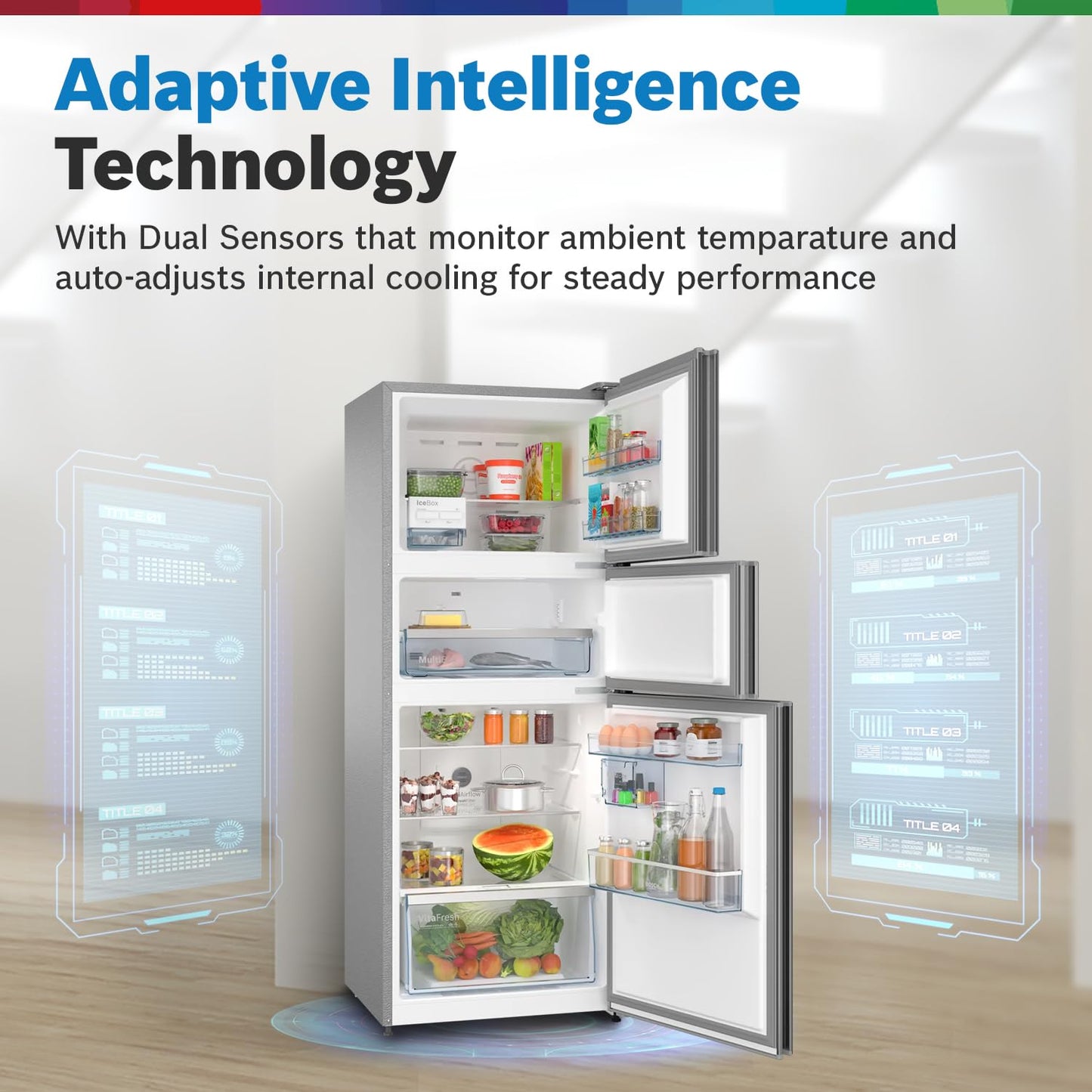 BOSCH MaxFlex Convert 302 L 3 Star Inverter Frost Free Triple Door Refrigerator (CMC33K03NI, 8-in-1 Convertible, UV Protected Body Shield, VitaFresh Technology, Adaptive UI, Sparkly Steel)