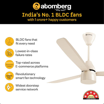 atomberg Renesa Prime 1200mm BLDC Ceiling Fan | Compatible with Step Regulator | BEE 5 star | High Air Delivery | Low Noise | Sleek Design | Power Saving | 3 Year Warranty |Seasand Ivory