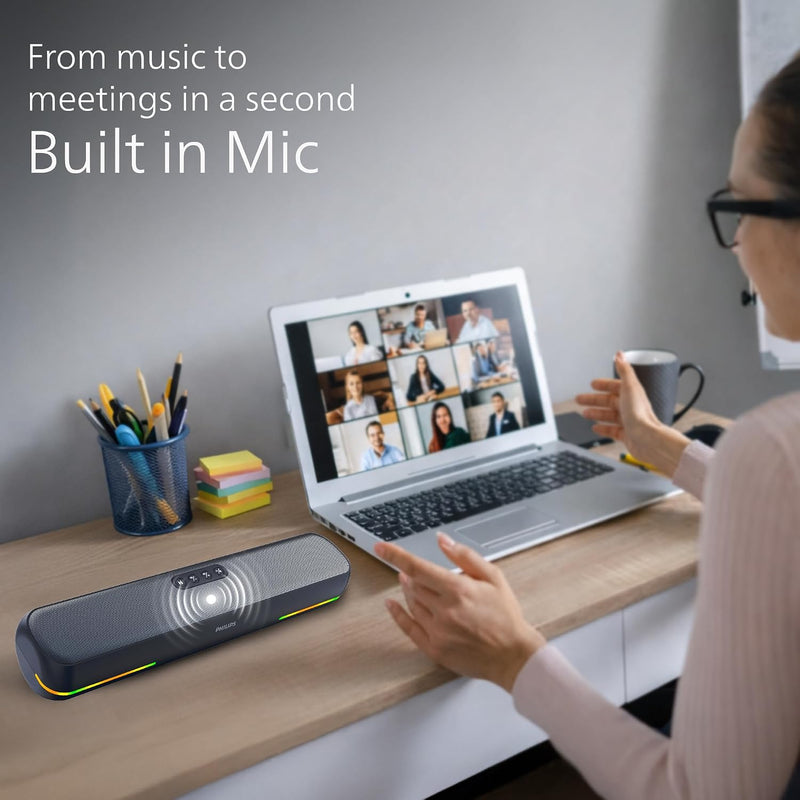 Philips TAB4120BL/94 Wireless Bluetooth Soundbar, 20W, 8H Playtime, Bluetooth 5.1, TWS Mode, RGB Light