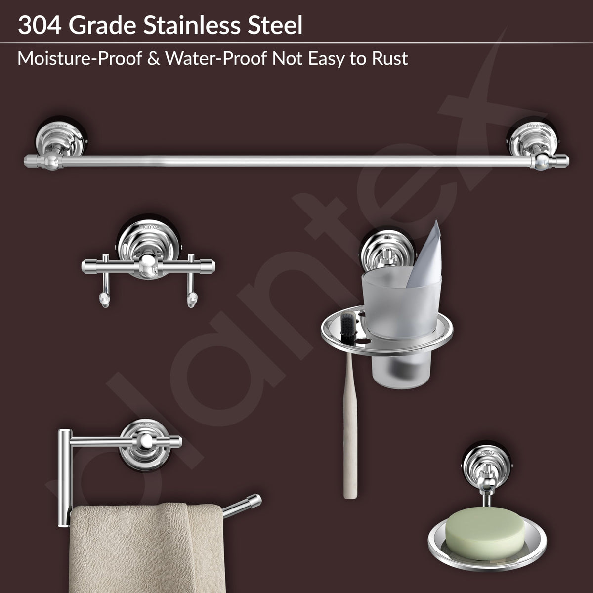 Plantex 304 Grade Stainless Steel Bathroom Accessories Set of 5 - Towel Rod/Hand Napkin Hanger for Wash Basin/Soap Case/Toothbrush Holder/Robe Hook - Skyllo (Chrome)-4