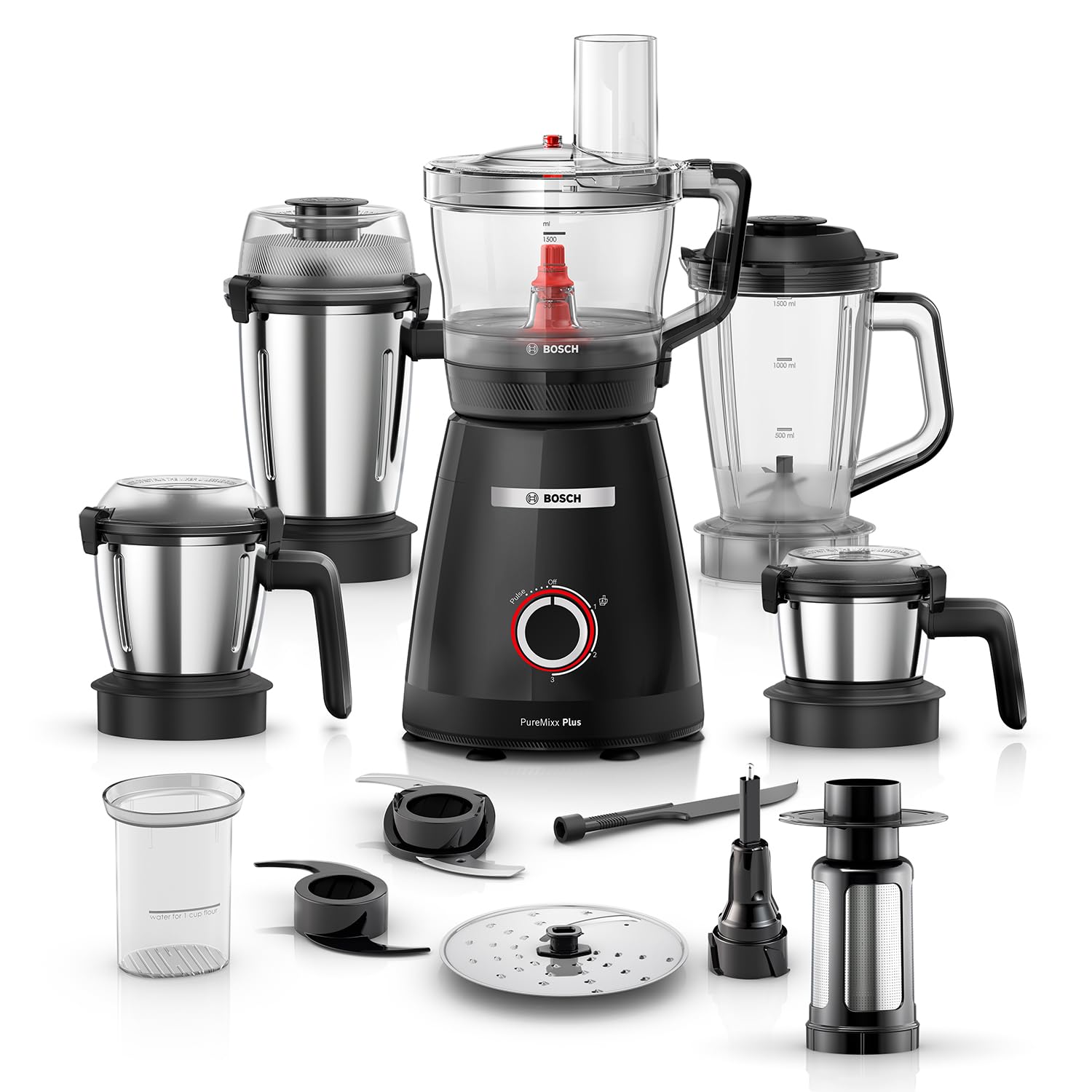 Bosch PureMixx Plus 800W Powerful Mixer Grinder with Food Processor | 5 Jars | 40+ Functions | Atta Kneading, Chopping, Wet & Dry Grinding | Hands Free Operation | 7 Year Motor Warranty 【MP8515A1KI】