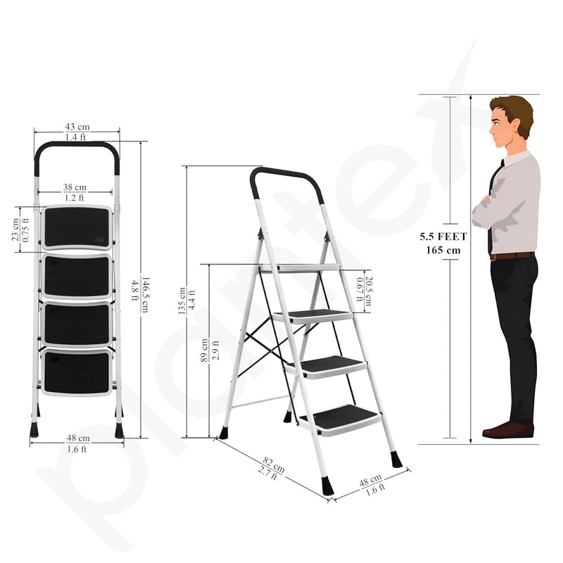 Plantex Alloy Steel 4 Step Ladder For Home/Foldable Strong Wide Step Ladder/Anti- Skid 4 Step Ladder - (White & Black)