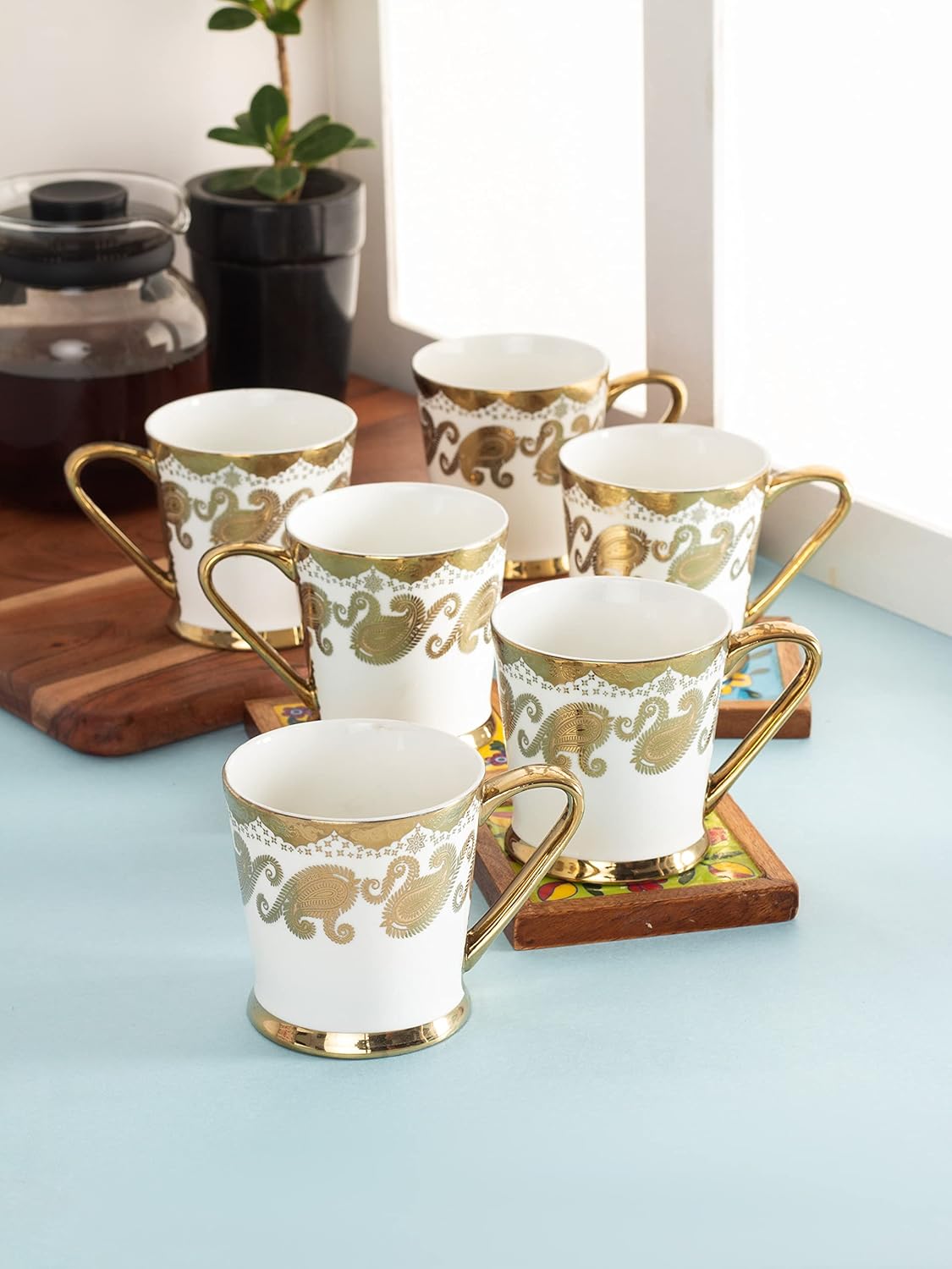 Clay Craft Fine Ceramic Peter Golden Printed Premium Coffee/Tea Cups - 180 ml each - Set of 6, Tea Cup Set of 6, Mugs for Coffee, Cups Set of 6, Mug Set, Ideal for Gifting, Perfect for Home and Office