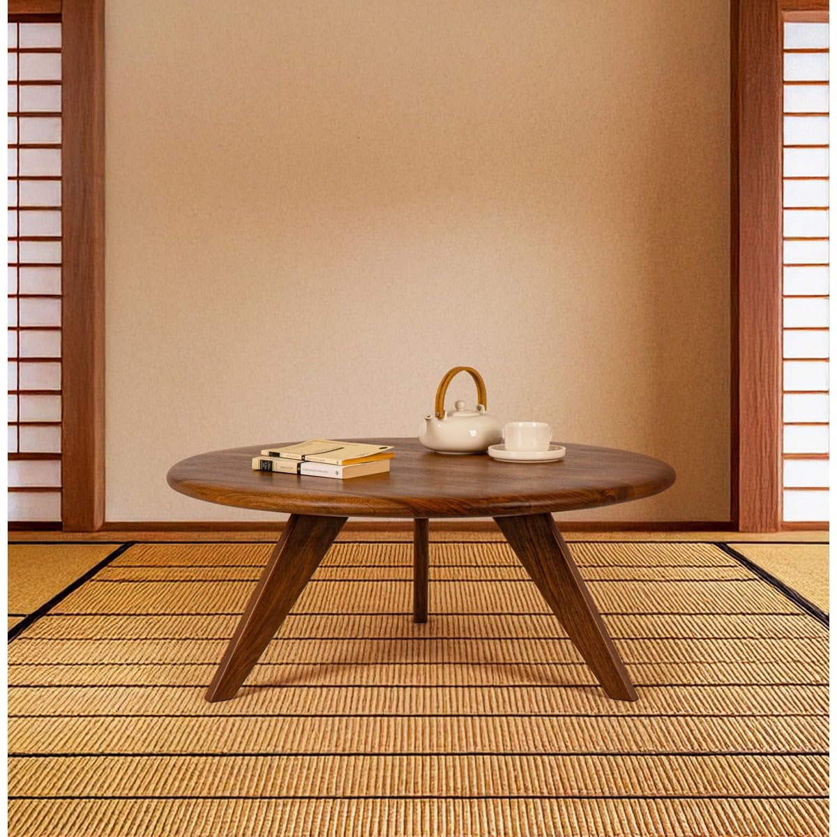 Round Sheesham Wood Coffee Table for Living Room | Solid Wood Center Table with Modern Tapered Legs | Natural W