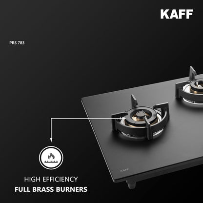 KAFF PRESTON PRS 783 Built-in Hob/Hobtop 3 Burners with Digital Timer, Auto Electric Ignition Glass Top, 78 CM, Full Brass Burners with Flame Failure Device, Metal Knobs (Black)