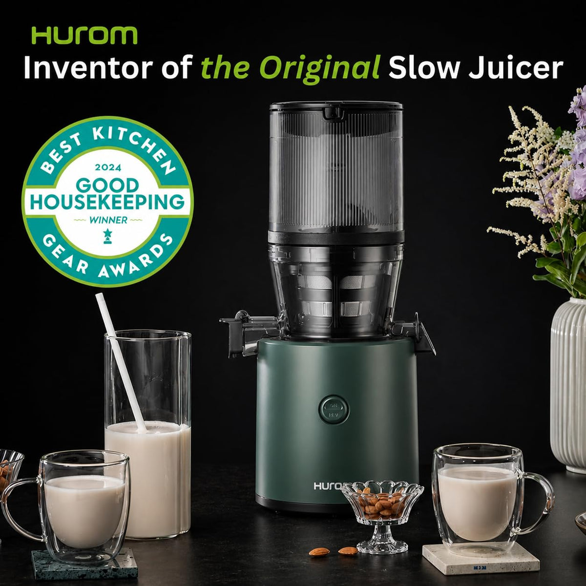 Hurom H320 Cold Press Juicer | Ultra Low Pulp | Slow Juicer | Hopper Fits Whole Produce | Ultra Quiet Motor | Easy Assembly | Cold Press Masticating Juicer, 15 Years Warranty (Green)