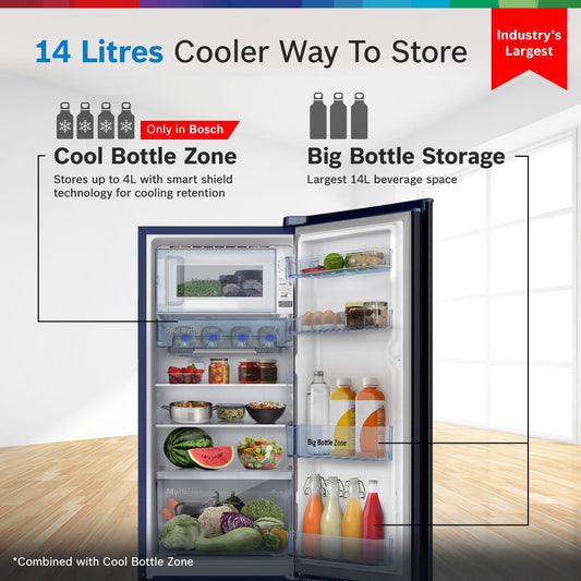 Bosch 187 L, 3 Star, Single Door Refrigerator with Industry's largest base drawer, vegetable box* & Beverage space (CST18B33PI, Feather Blue) 18 Hr Cooling Retention, 2.5x Cooling, inverter compressor