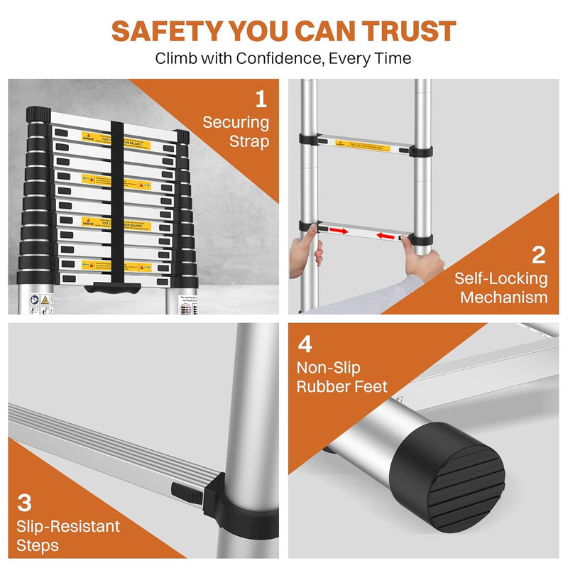 BonKaso VertiPro 3.8M(12.5Ft) Telescopic Ladder|Aluminum Ladder 13 Steps|Multipurpose for Home & Outdoor use with Self Lock Mechanism|EN131 Certified Max Load Capacity of 150kg