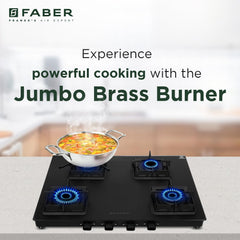 Faber Blossom Black Matt Glass Finish Cooktop| 4 Brass Burners-1Jumbo, 2Medium & 1Small |Manual Ignition | Heavy Pan Sup