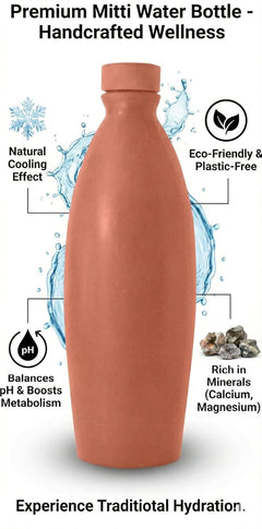 Bindian Handcrafted Terracotta Water Bottle, Natural Clay Mitti Bottle with pH Balancing, Mineral Rich Calcium Magnesium, Plastic-Free Traditional Surahi