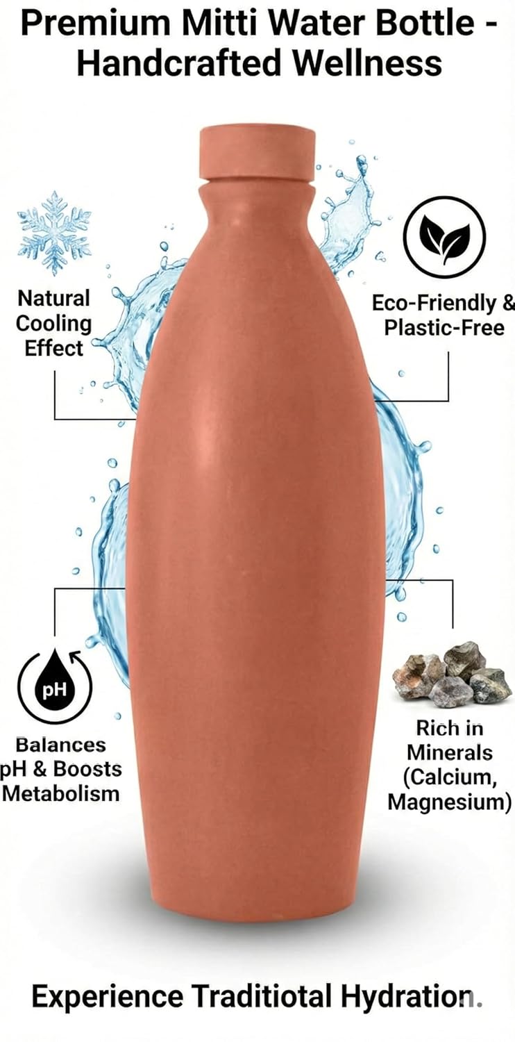 Bindian Handcrafted Terracotta Water Bottle, Natural Clay Mitti Bottle with pH Balancing, Mineral Rich Calcium Magnesium, Plastic-Free Traditional Surahi