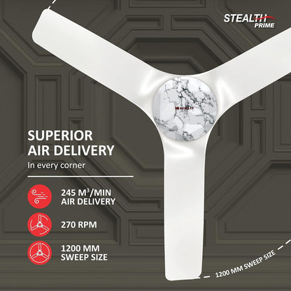 Havells 1200mm Stealth Prime Bldc Motor Ceiling Fan Most Silent & Premium,5 stars With Rf Remote,100% Copper Upto 55% Energy Saving,Timer,Memory Backup (Pack Of 1,Marble Pearl White)