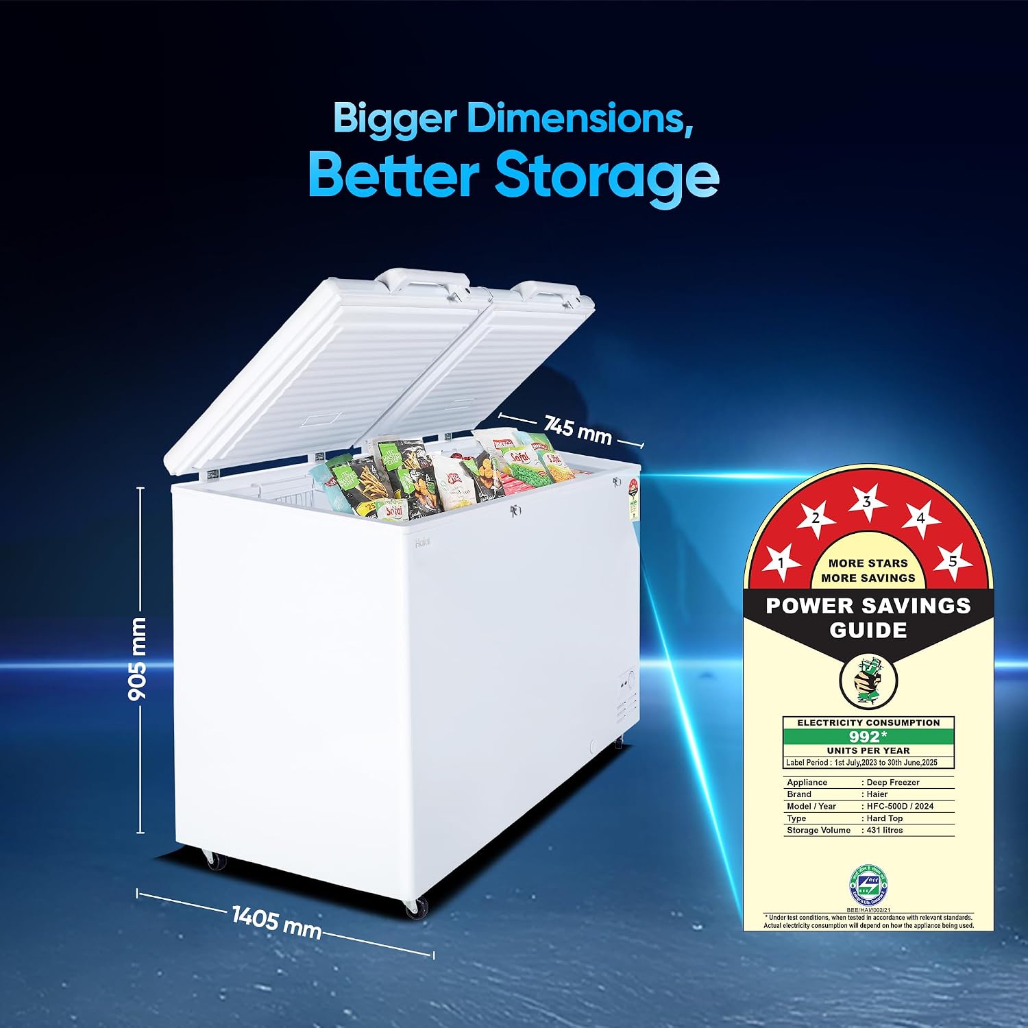 Haier HFC-500DM5, 5 Star Rating Double Door Convertible Deep Freezer, 5 Side Freezing, Dual Condenser, Inside Metal Liner with 70mm Puff Thickness (White 439L)