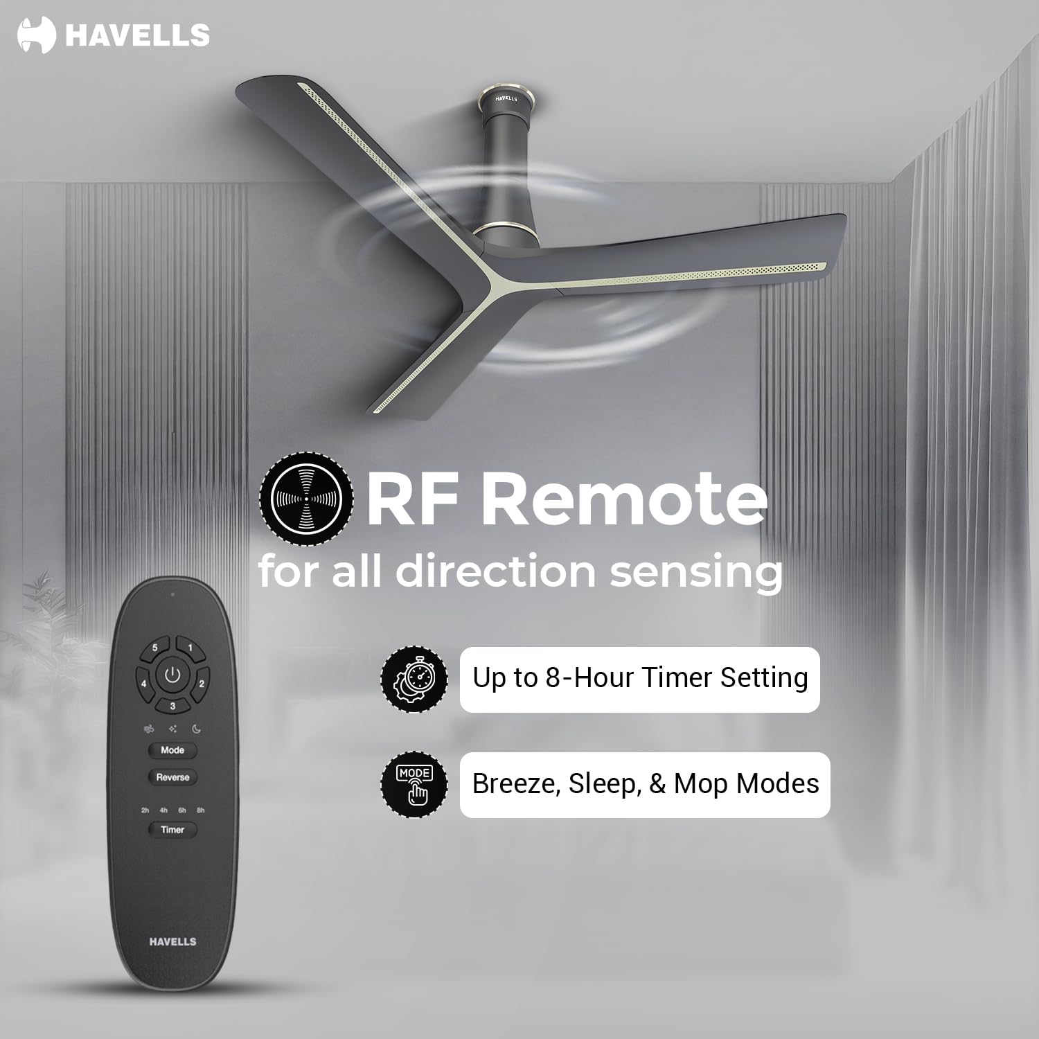 Havells Inveno LX 1200 mm BLDC Ceiling Fan|ABS Aerodyanamic Blades|Telescopic Canopy|Timer, Breeze,Sleep,MOP Modes|Reverse Feature|100% Copper Wire Motor|Free Installation|2 Year Warranty(Matt Slate)