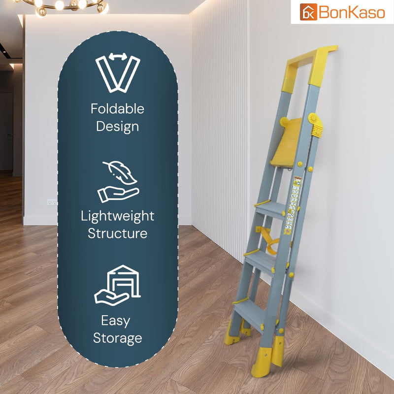 BonKaso Climb Lite Pro+ 4 Step Foldable Ladder with Tool Tray (89.8W x 137H Cm)| Heavy-Duty, Anti-Slip & Firm Grip, Load Capacity Upto 120kg | Durable & Portable (Aluminium Step, Yellow & Satin)