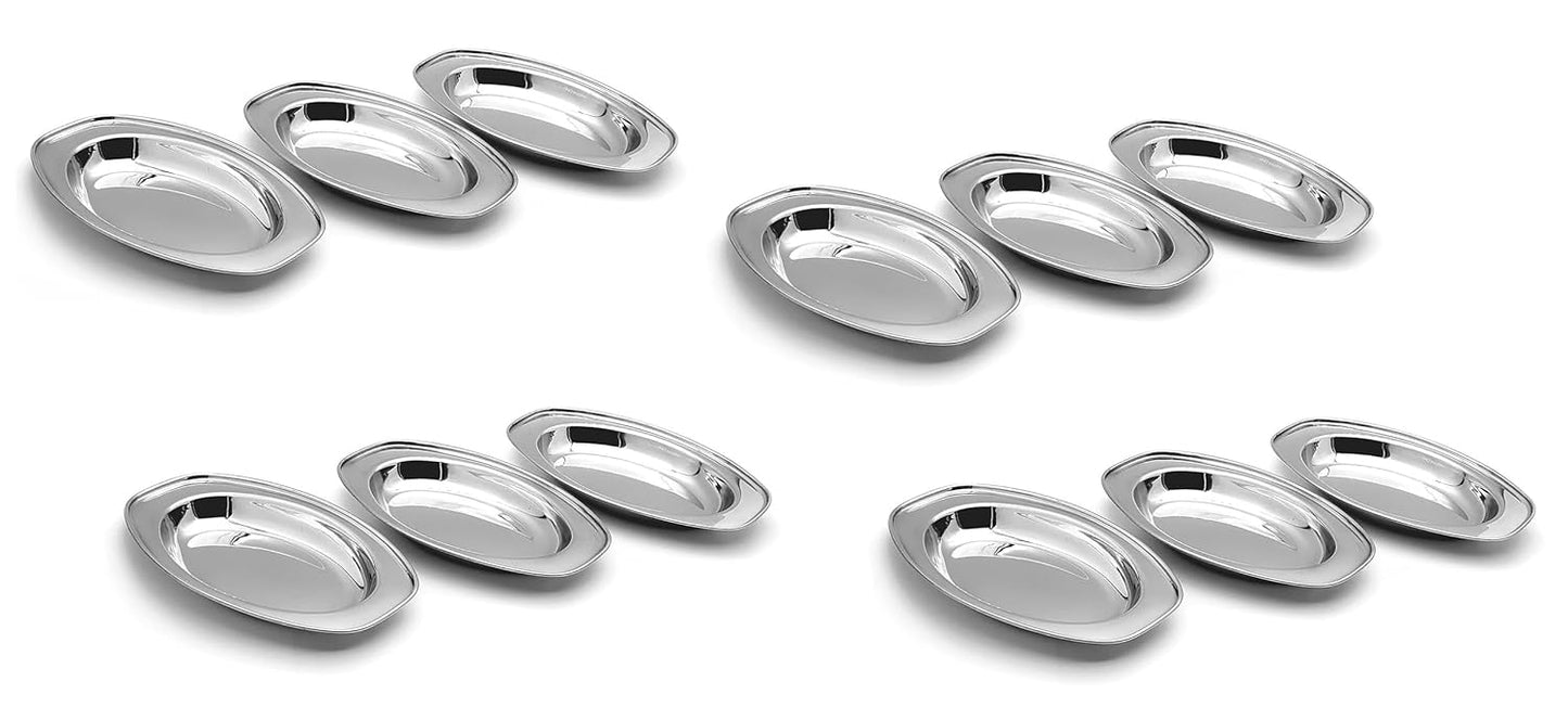 Dynore Stainless Steel Oval Plate/Serving Plate/Sabji Plate/Rice Plate/Chaat Plate- Set of 12 Pcs