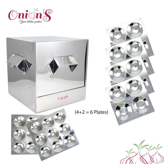 Onions Stainless Steel Cauka/Square/Cubic Idly cooker 4 + 2 plates with16 Regular idly Extra 2 Mini Idly plates - Gas stove and Induction Stove Compactible – FOR HOME USE ONLY