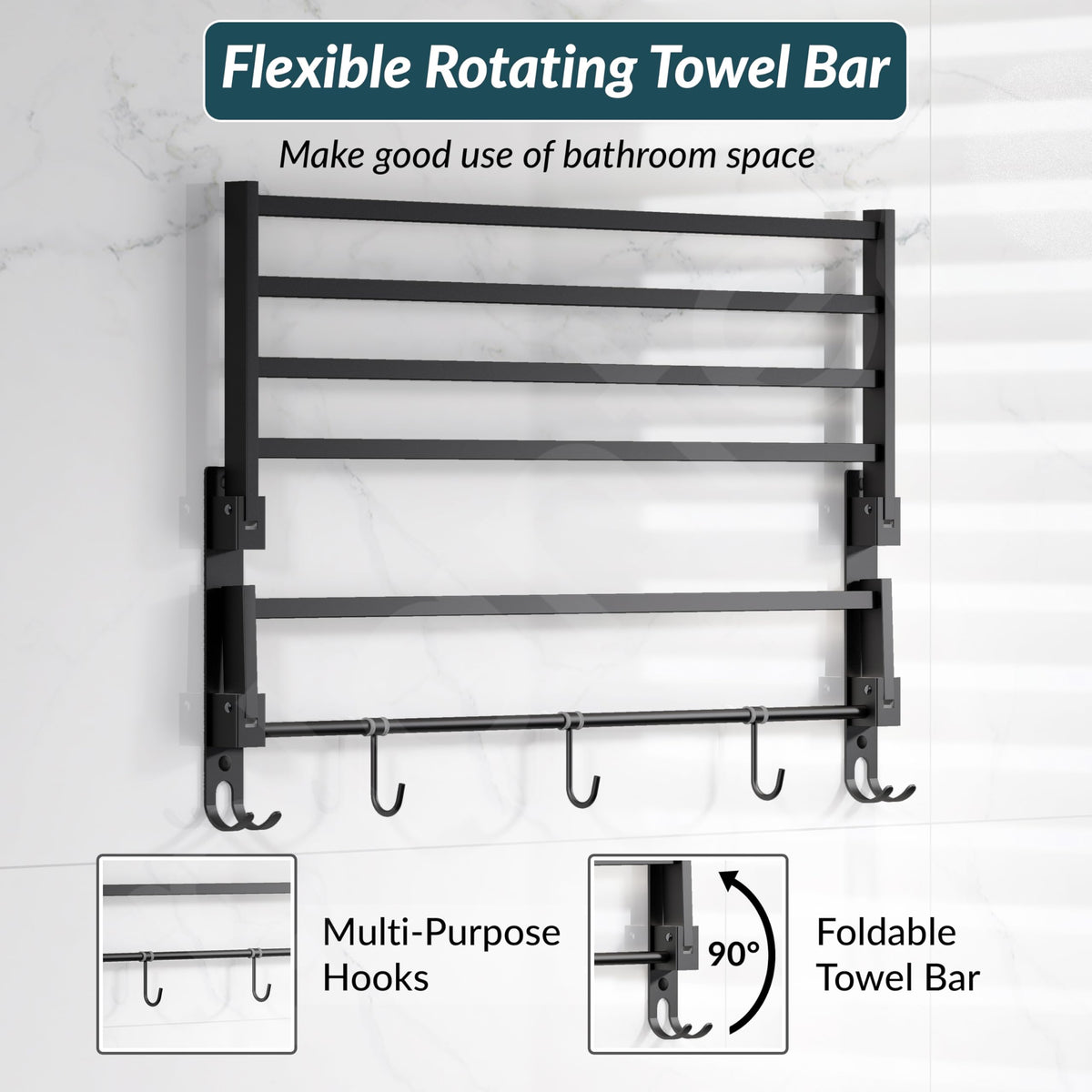 Plantex Towel Rack for Bathroom/Stainless Steel Towel Bar/24 Inch Towel Holder with Towel Rod/Bathroom Accessories - (Black) (Model APS-1902)-2