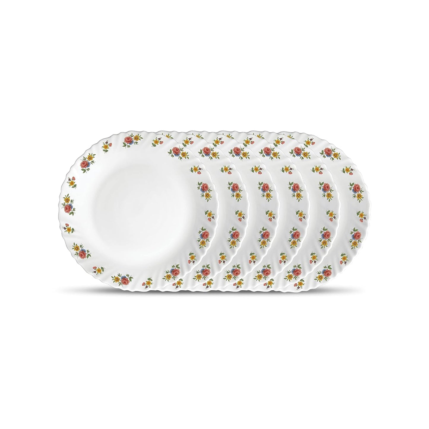 La Opala Novo Collection Opal Glass Crockery | Full Plate Set of 6 | Petite Roses Design | Plates for Dining & Gifting | Microwave Safe | 100% Vegetarian | Extra Strong | Super Light & White