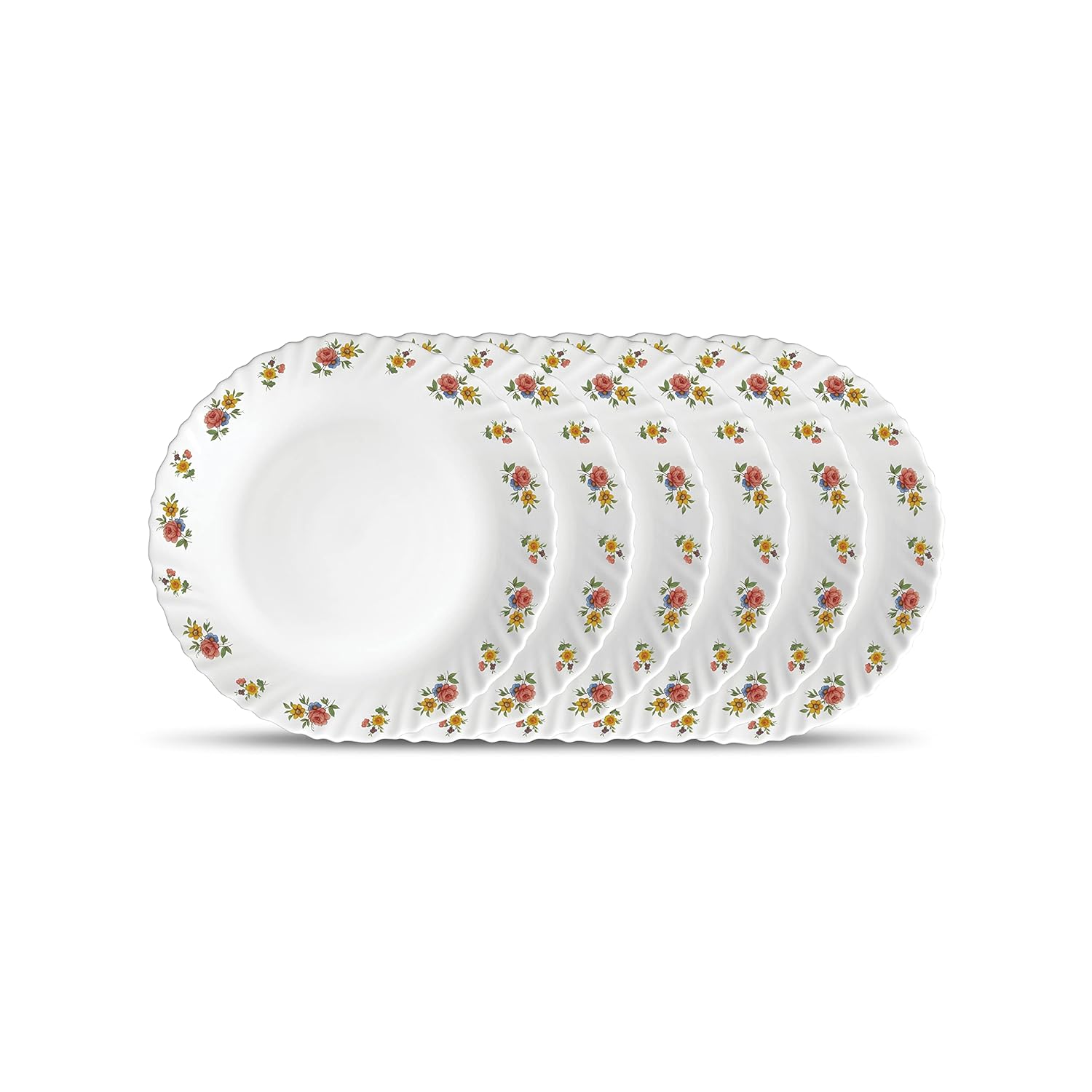 La Opala Novo Collection Opal Glass Crockery | Full Plate Set of 6 | Petite Roses Design | Plates for Dining & Gifting | Microwave Safe | 100% Vegetarian | Extra Strong | Super Light & White