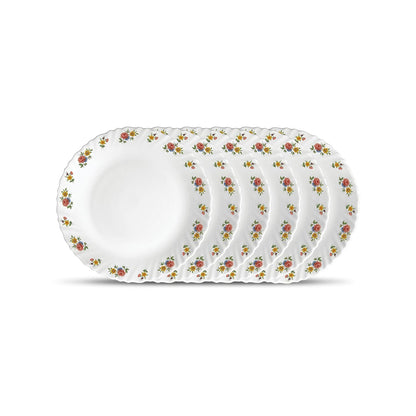 La Opala Novo Collection Opal Glass Crockery | Full Plate Set of 6 | Petite Roses Design | Plates for Dining & Gifting | Microwave Safe | 100% Vegetarian | Extra Strong | Super Light & White