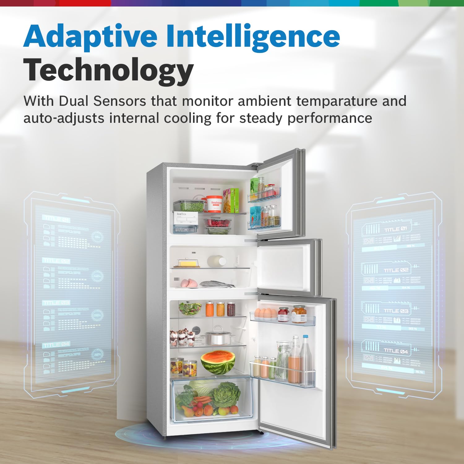 Bosch MaxFlex Convert 303L 3 Star Inverter Frost Free Triple Door Refrigerator (2023 model, CMC33S03NI, 8-in-1 Convertible, UV Protected Body Shield, VitaFresh Technology, Adaptive UI, Sparkly Steel)