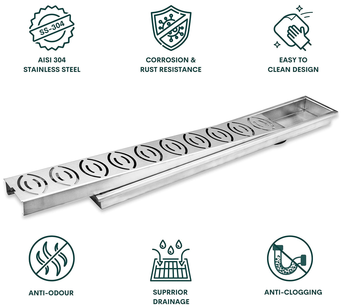 Plantex Drain Cover/304 Grade Stainless Steel Long Shower Drain/Drainage Cover/Bathroom Drain Cover/Floor Drainer with Cockroach Trap (10 x 45 cm - Matt) (D418-Lotus)-3