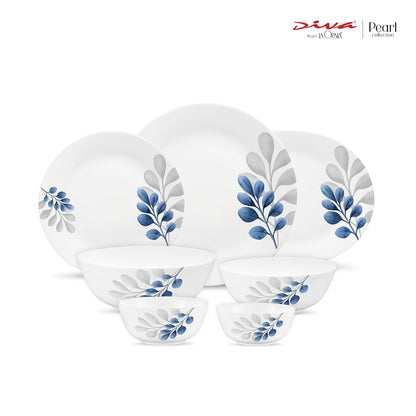 Diva by La Opala, Pearl Collection, Opal Glass Dinner Set 28 pcs, Indigo Bliss, White