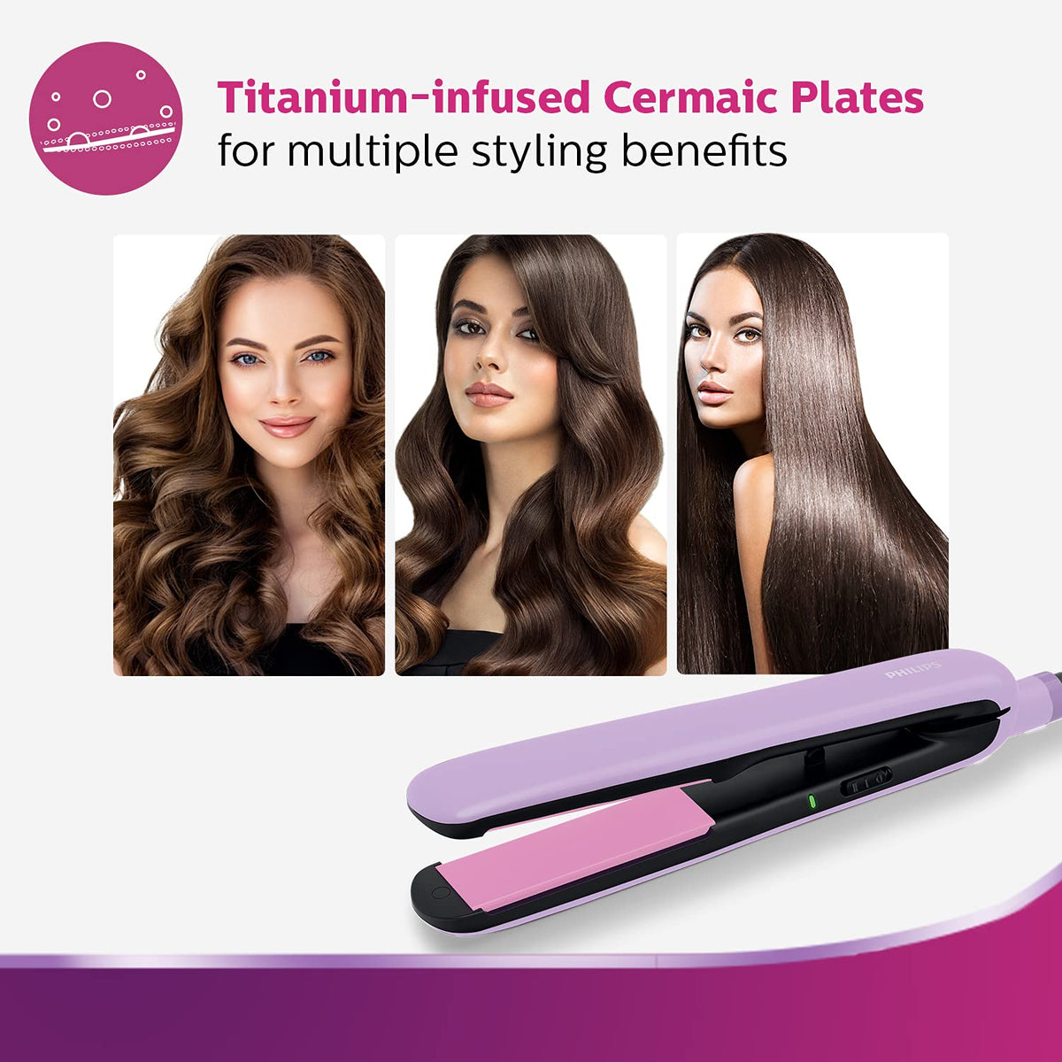 Philips Hair Straightener, Minimized Heat Damage,SilkProtect Care, Titanium Ceramic Plates (BHS393/40)