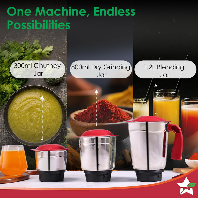 Wonderchef Robo Mixer Grinder | 3 Jars for Blending, Dry Grinding, Chutney Grinding | Low Friction | Low Noise | Conserves Power | Grind Masalas, Nuts, Coconut to Fruits/Vegetables 500 Watt White