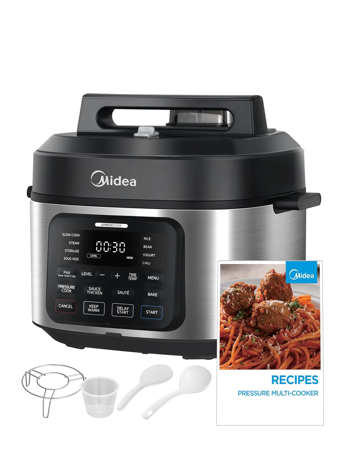 Midea WideMax Electric Pressure Cooker, 12 in 1, 6.5 L, 12 Preset, Multifunctional, Programmable Saver Pan, Rice Cooker, Steamer Pan, Springpan, Cake,