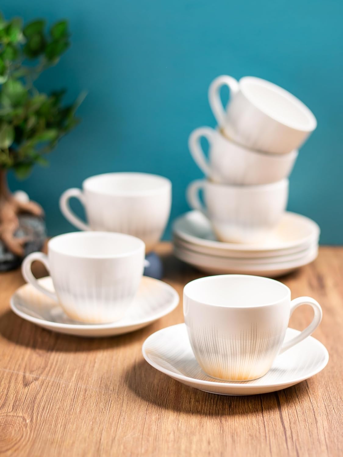 Clay Craft Fine Ceramic Cream Cup & Saucer Set of 12 (6 Cups + 6 Saucers) - 180 ml Each