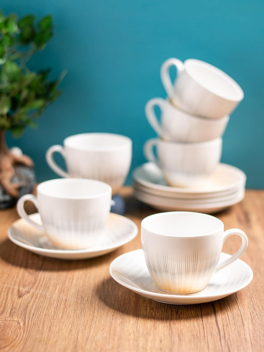 Clay Craft Fine Ceramic Cream Cup & Saucer Set of 12 (6 Cups + 6 Saucers) - 180 ml Each