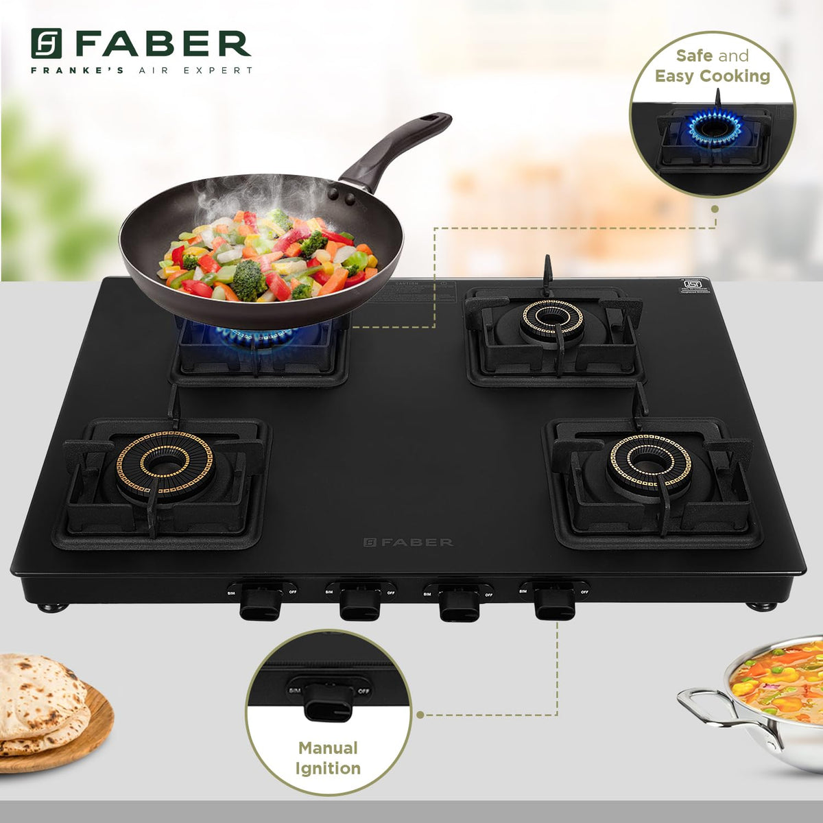 Faber Blossom Black Matt Glass Finish Cooktop| 4 Brass Burners-1Jumbo, 2Medium & 1Small |Manual Ignition | Heavy Pan Sup