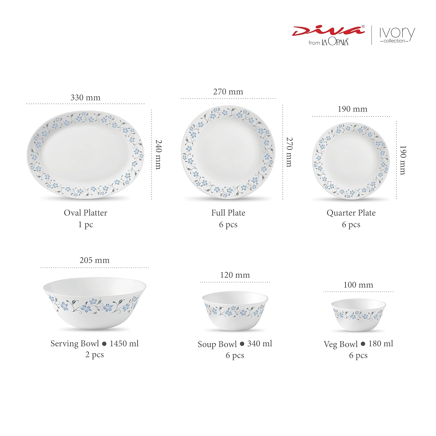 La Opala Diva, Ivory Collection, Opal Glass Dinner Set 27 pcs, Grace Blue, White