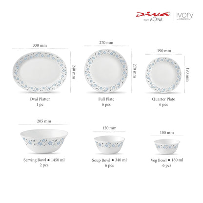 La Opala Diva, Ivory Collection, Opal Glass Dinner Set 27 pcs, Grace Blue, White