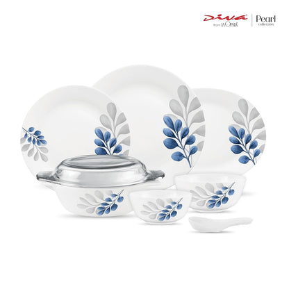 Diva by La Opala, Pearl Collection, Opal Glass Dinner Set 35 pcs, Indigo Bliss, White