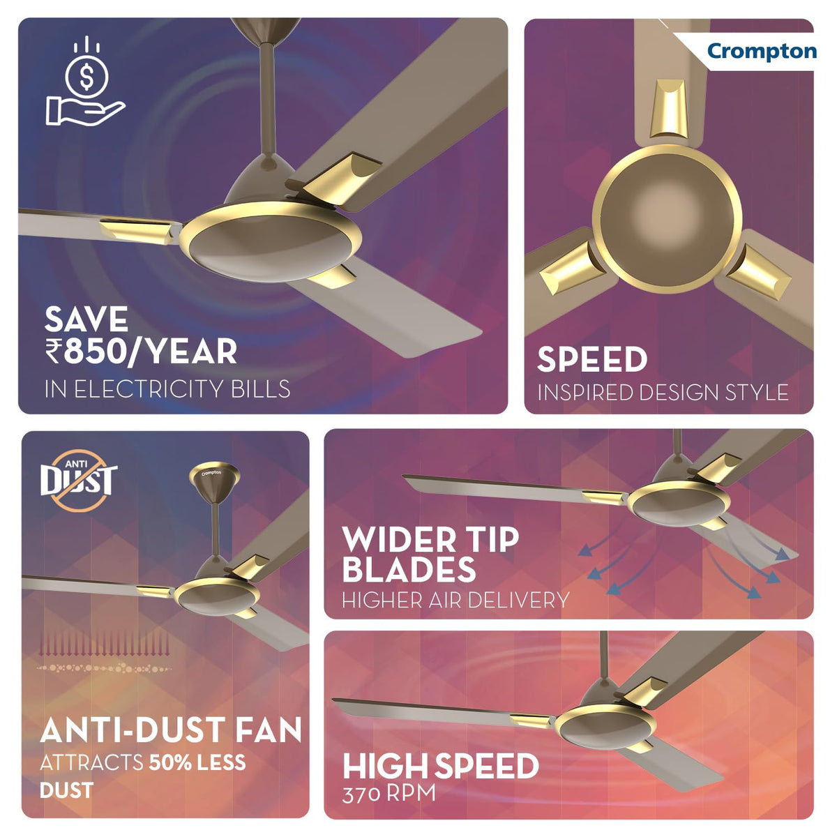 Crompton PREMION AURA PRIME ANTIDUST 1200 mm (48 inch) Ceiling Fan (Dusky Brown) stars rated energy efficient fans, 1 star-6