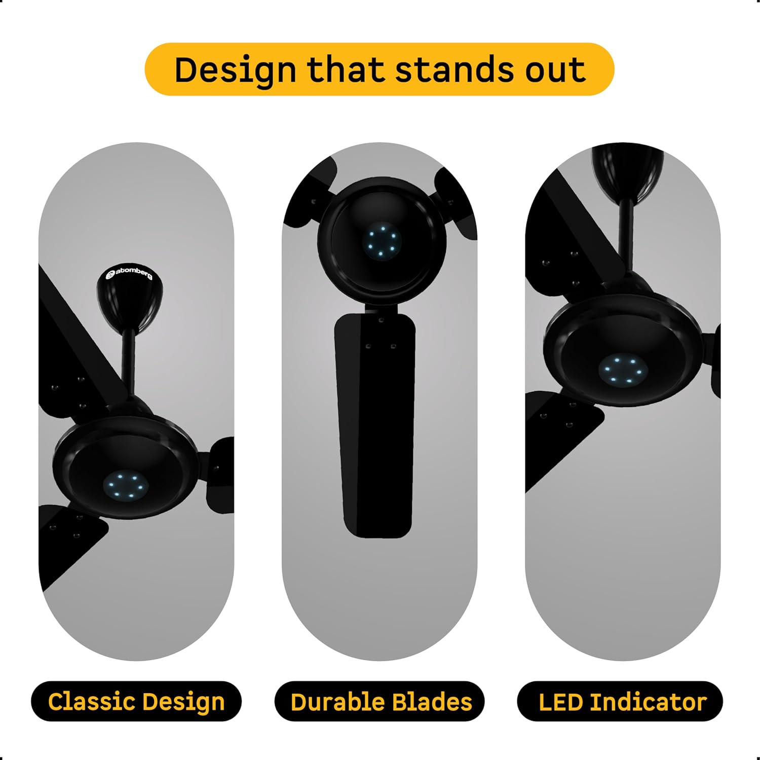 atomberg Ikano 900mm BLDC Ceiling Fan with Remote | BEE 5 star | High Air Delivery | LED Speed Indicator | Low Noise | Timeless Design with Power Saving | 3 Year Warranty | Gloss Black